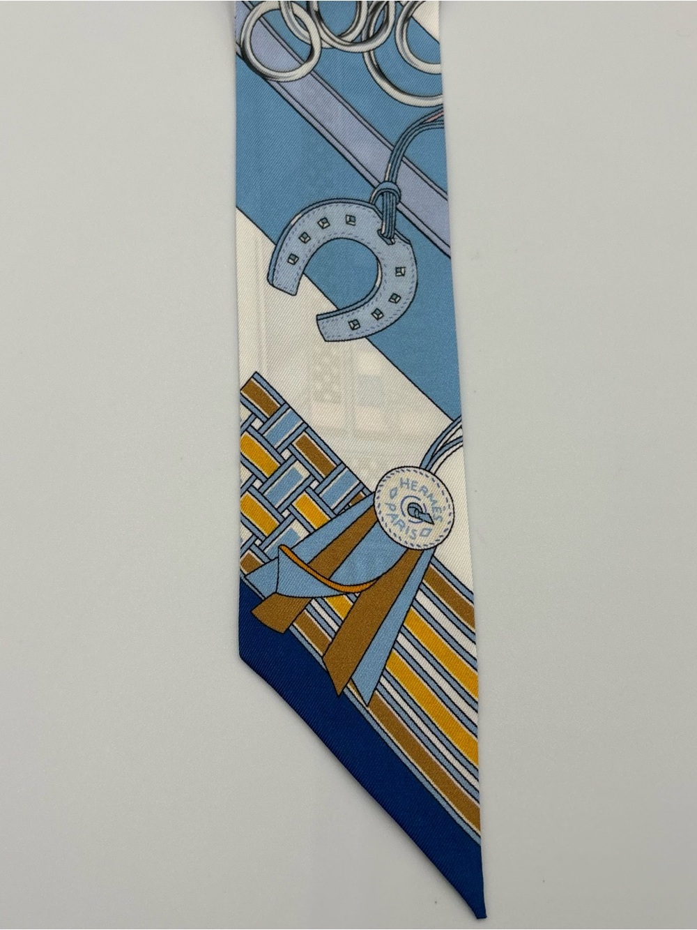 Hermes Panoplie Equestre Twilly Silk Scarf Blue Yellow White Equestrian Print - Picture 4 of 6
